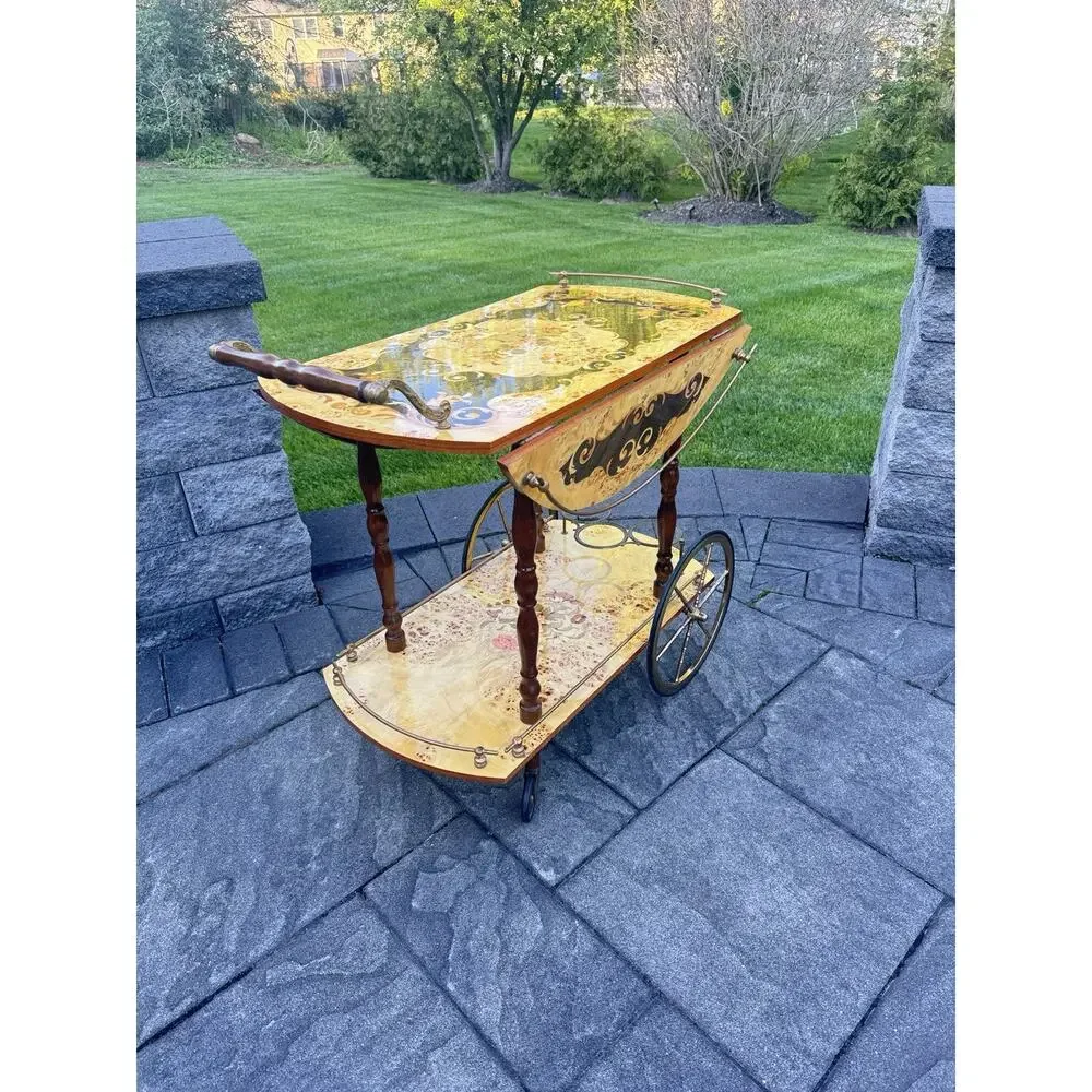 VTG Italian Marquetry Tea & Bar Cart Wood Serving Drop Leaf ~Great For Display